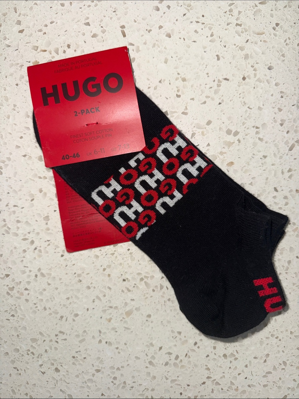 HUGO Black Socks with Red & White Logo Pattern - 2 Pack